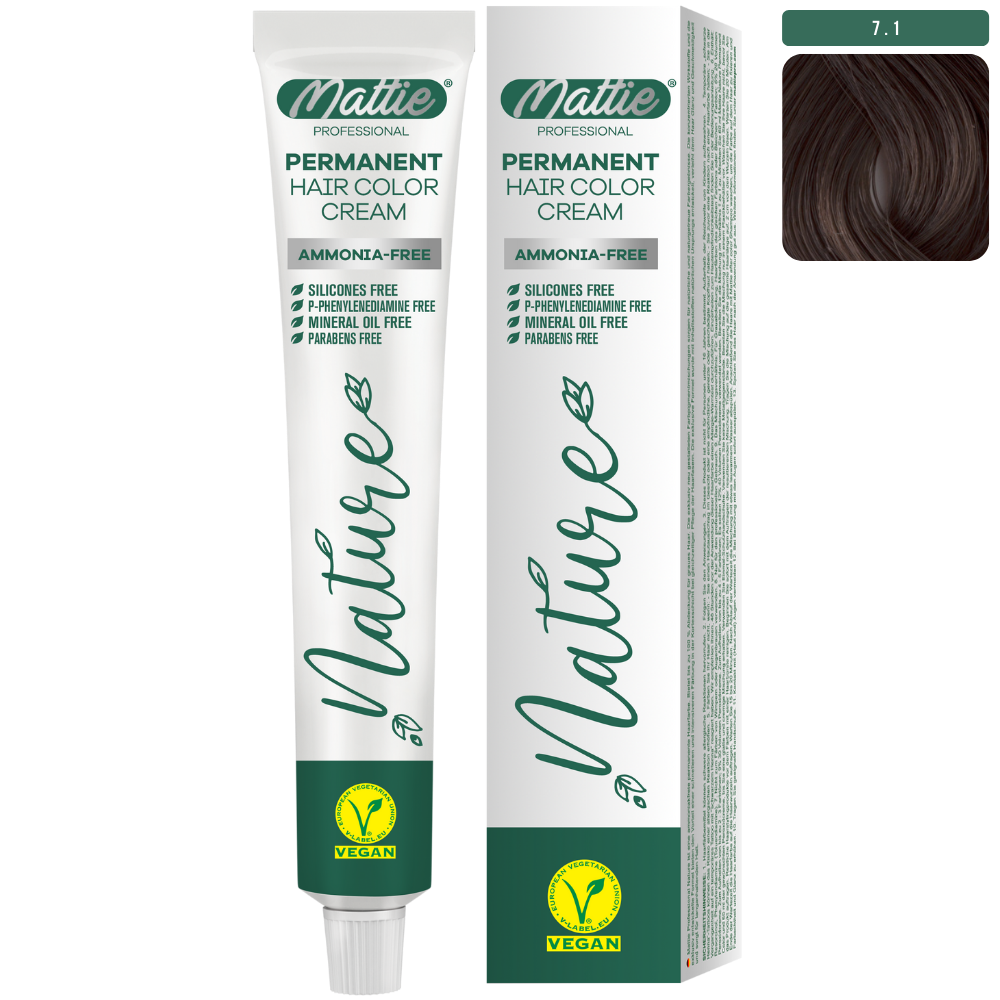 Mattie Professional Nature (7.1) Ash Blonde - Vegan Permanent Hair Color Cream 60ml