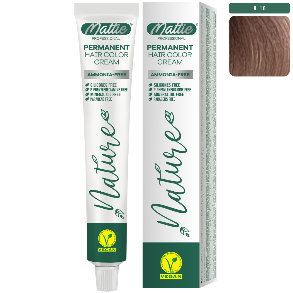 Mattie Professional Nature (9.16) Very Light Ash Rose Blonde - Vegan Permanent  Hair Color Cream 60ml